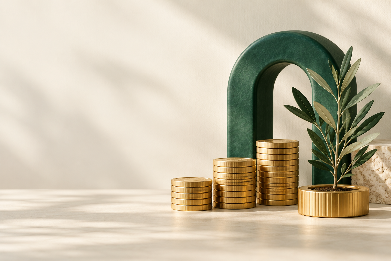 Monedas doradas y una planta de olivo junto a un arco verde, símbolo de ahorro